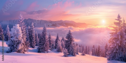 Sunrise Over the Swiss Alps with Fresh Snow and Frosted Trees