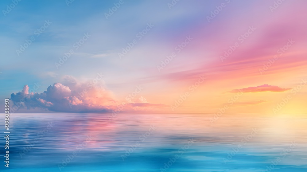 A serene sunset over calm waters, featuring soft pastel colors and gentle clouds creating a peaceful atmosphere.