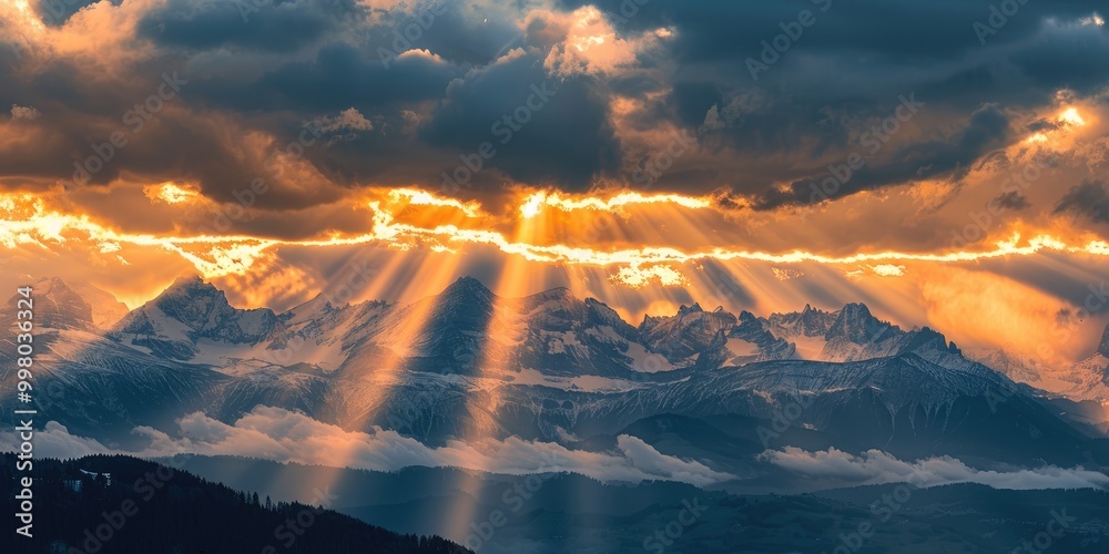Sunrise Rays Piercing Through the Clouds Over the Swiss Alps in Spring Sunrise Rays Piercing Through the Clouds Over the Swiss Alps in Spring