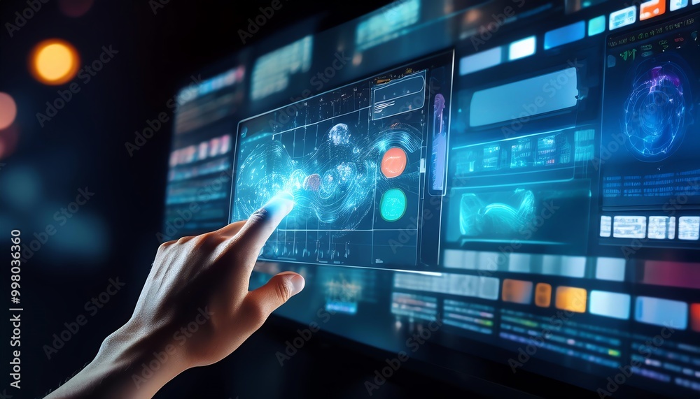 A futuristic hand interacts with a glowing touch screen displaying complex data visuals and digital interfaces. A futuristic hand interacts with a glowing touch screen displaying complex data visuals and digital interfaces.