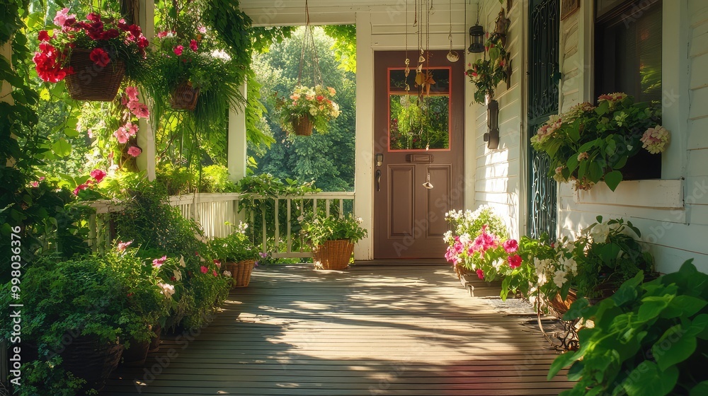 A vibrant front porch with an open door, adorned with lush greenery, hanging baskets of flowers, and gentle wind chimes swaying A vibrant front porch with an open door, adorned with lush greenery, hanging baskets of flowers, and gentle wind chimes swaying