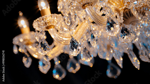 Elegant crystal chandelier with sparkling details illuminated against a dark backdrop