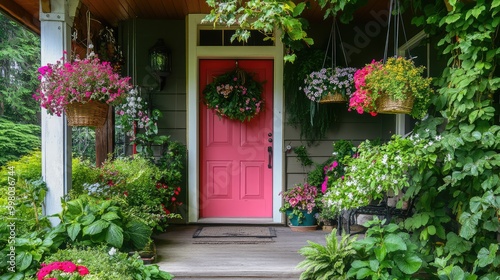 A vibrant front porch with an open door, adorned with lush greenery, hanging baskets of flowers, and gentle wind chimes swaying