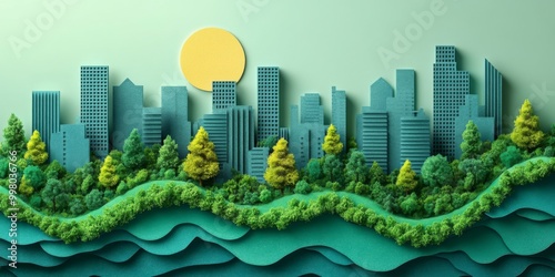 Eco-friendly Green Cityscape Art with Buildings and Trees on White Background, Illustrating Sustainable Urban Development Concept
