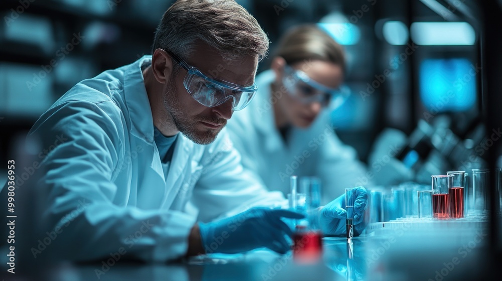 Scientist working in a lab with test tubes and chemicals Scientist working in a lab with test tubes and chemicals