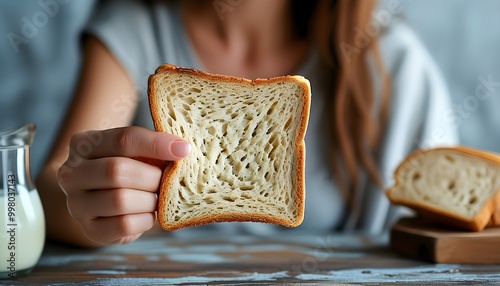 Empowered woman rejecting gluten-filled bread, embracing a gluten-free lifestyle for health and well-being photo