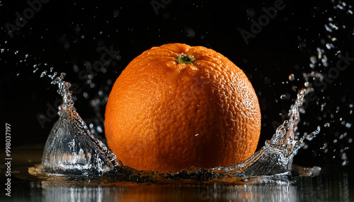 Fresh oranges and water splash against black background. Tasty sweet food. Natural fruit.