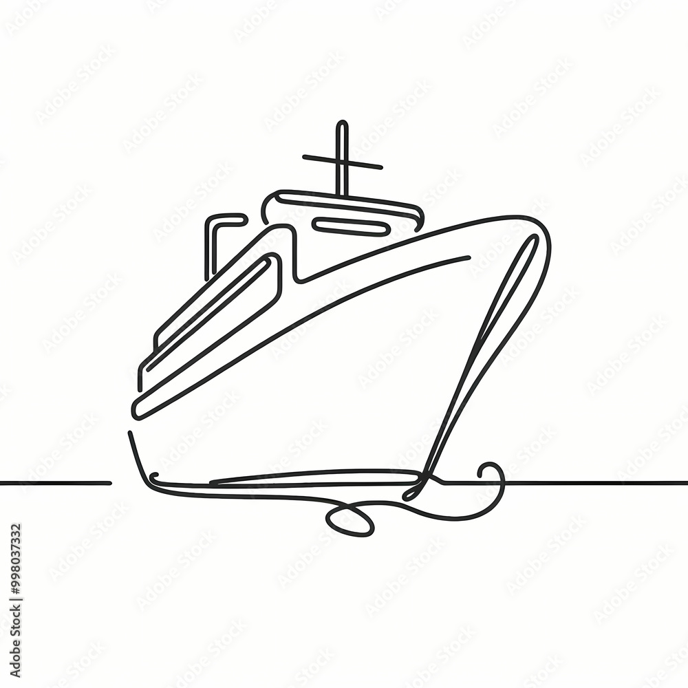 Simple illustration of a ship drawn with a continuous black line on a white background, minimalist and sleek design, ideal for nautical or travel-themed projects. Simple illustration of a ship drawn with a continuous black line on a white background, minimalist and sleek design, ideal for nautical or travel-themed projects.
