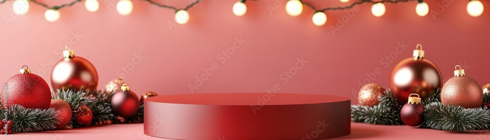 Festive red background with Christmas ornaments and lights, perfect for holiday product displays and seasonal promotions. Festive red background with Christmas ornaments and lights, perfect for holiday product displays and seasonal promotions.