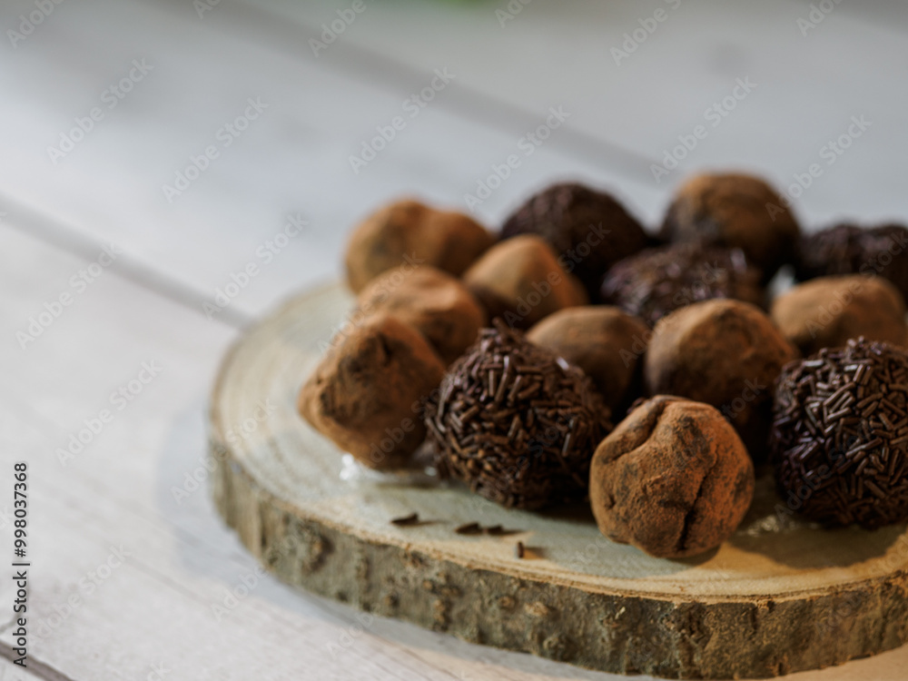 Delicious chocolate truffles on wooden tray and white background Delicious chocolate truffles on wooden tray and white background