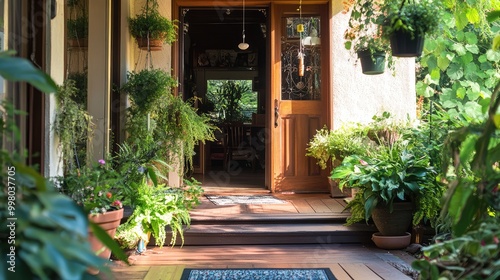 Wallpaper Mural An inviting front porch, where an open door leads into the house, with an array of hanging plants and delicate wind chimes decorating the entryway Torontodigital.ca