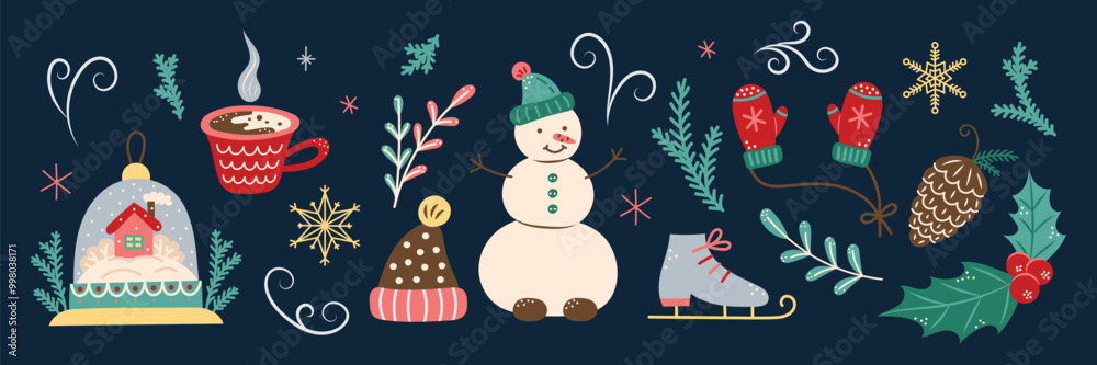 Winter element set on dark background. Isolated element for design of cards, patterns, banners. Christmas and New Year. Vector illustration. Winter element set on dark background. Isolated element for design of cards, patterns, banners. Christmas and New Year. Vector illustration.