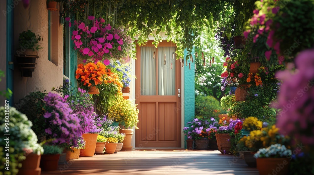 Naklejka premium An inviting open door scene, framed by potted plants and vibrant hanging flowers, with wind chimes swaying softly above the porch