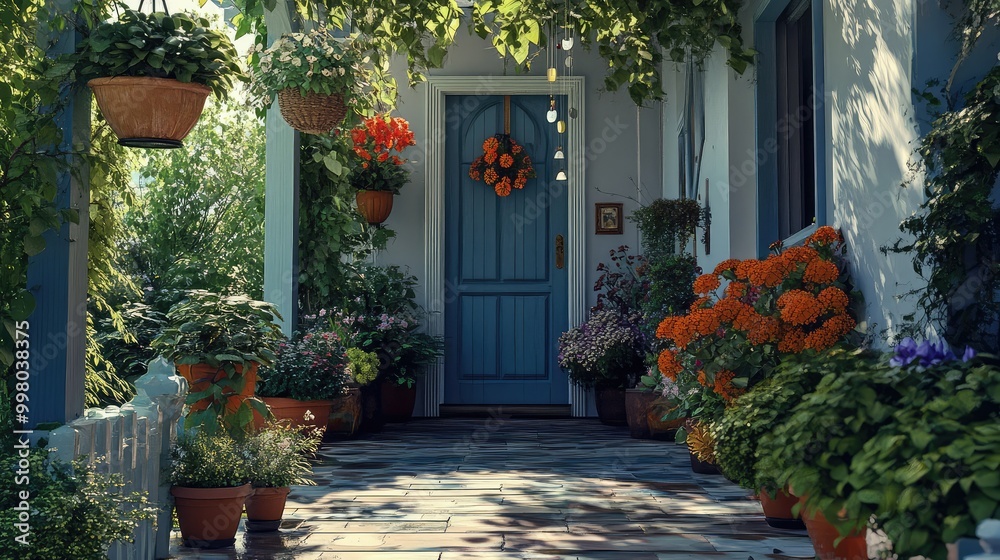 Fototapeta premium An inviting open door scene, framed by potted plants and vibrant hanging flowers, with wind chimes swaying softly above the porch