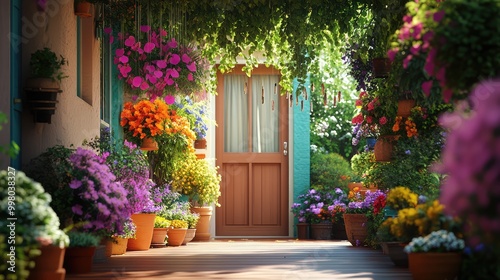 An inviting open door scene, framed by potted plants and vibrant hanging flowers, with wind chimes swaying softly above the porch