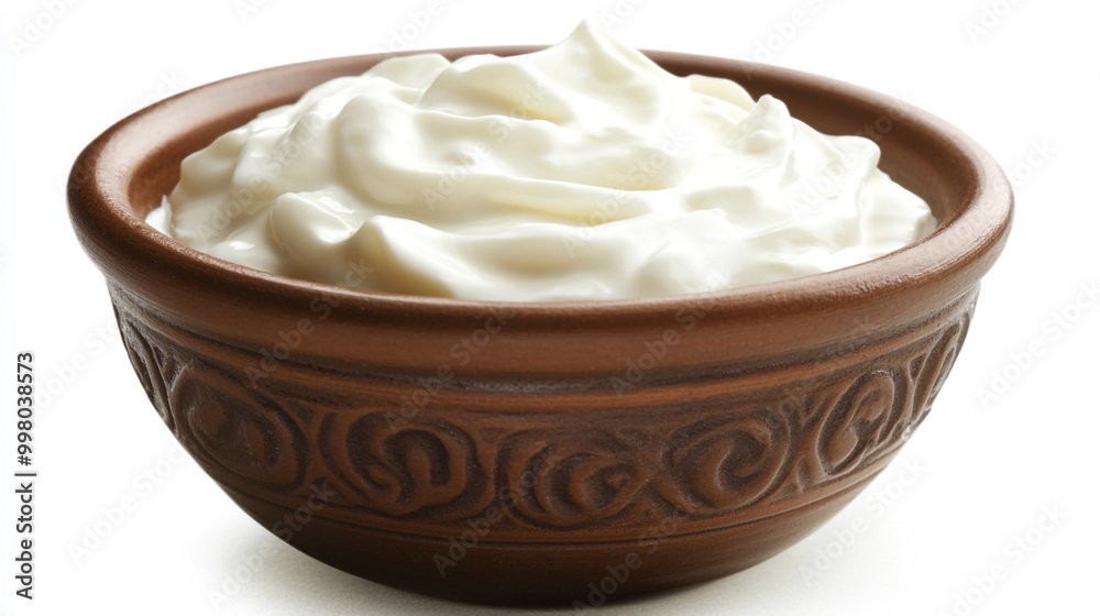 Creamy yogurt served in a traditional clay bowl on a white background ready for enjoyment Creamy yogurt served in a traditional clay bowl on a white background ready for enjoyment