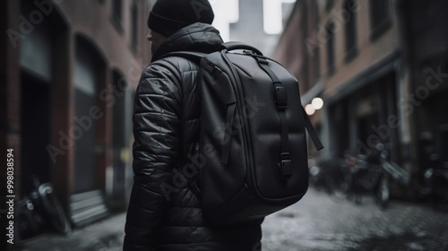 A person in a dark jacket carrying a sleek backpack in an alley.