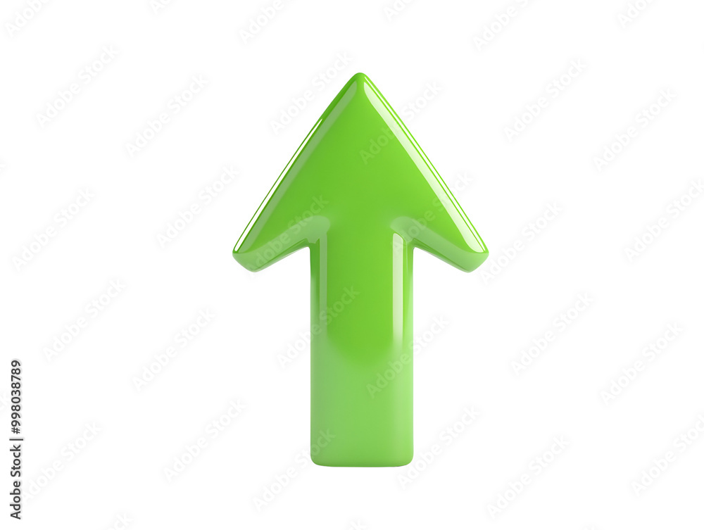 3D green arrow symbol pointing upwards, isolated on a white background.