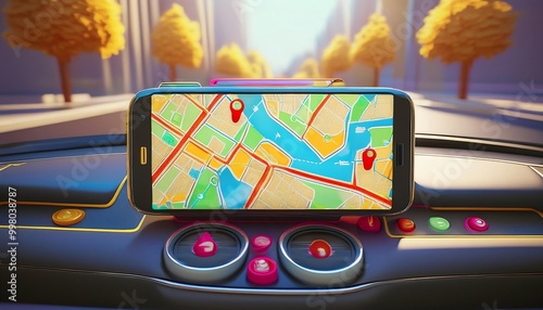 A vibrant smartphone displaying a detailed map sits in a car, surrounded by colorful buttons and a scenic urban backdrop. photo