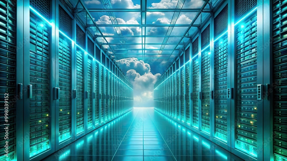 Fisheye view of turquoise alleyway in futuristic server farm in the clouds Fisheye view of turquoise alleyway in futuristic server farm in the clouds