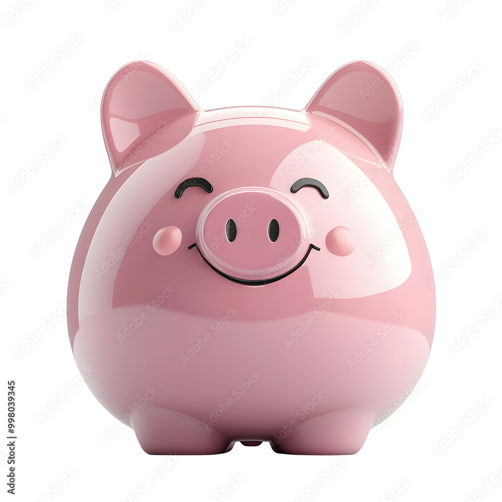 A cheerful piggy bank with a glossy finish, symbolizing savings and financial planning, set on a white isolated background. A cheerful piggy bank with a glossy finish, symbolizing savings and financial planning, set on a white isolated background.