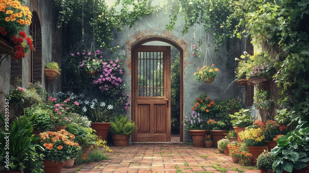 Fototapeta premium An open door from a three-quarters angle, potted plants lining the path, wind chimes gently tinkling above, with hanging flowers providing color