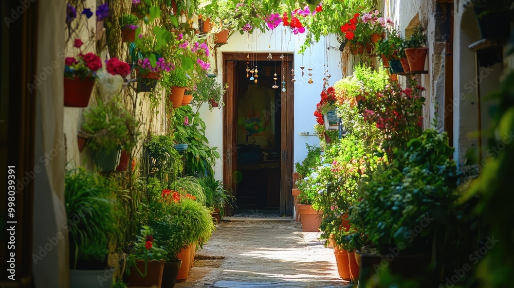 An open door from a three-quarters angle, potted plants lining the path, wind chimes gently tinkling above, with hanging flowers providing color An open door from a three-quarters angle, potted plants lining the path, wind chimes gently tinkling above, with hanging flowers providing color