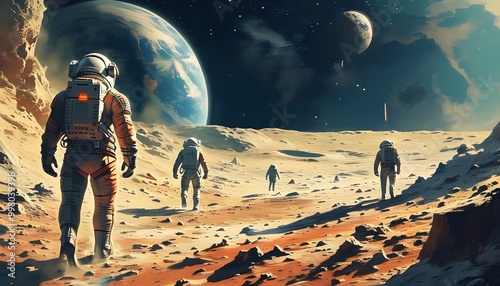 Moonwalkers: Astronaut Exploration in the Great Space Race with Earth as the Majestic Backdrop photo