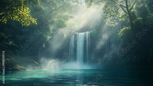 Tropical Waterfall Cascading into Hidden Pool Surrounded by Jungle Greenery