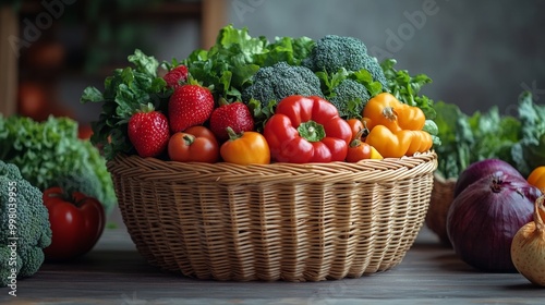 Assorted fresh vegetables in a wicker basket. Basket with a variety of appetizing vegetables