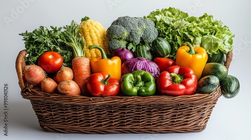 Assorted fresh vegetables in a wicker basket. Basket with a variety of appetizing vegetables