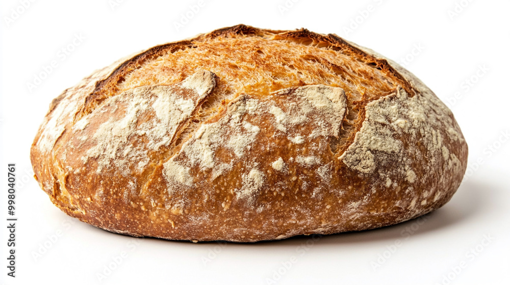 Freshly baked sourdough bread on a white background showcasing its rustic crust and texture Freshly baked sourdough bread on a white background showcasing its rustic crust and texture