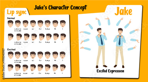 Excited male employee cartoon character AKA Jake, men wearing an office uniform. Excited face expressions and lip sync. Set of male cartoon  with various hand gesture and front and 1/3 standing pose.