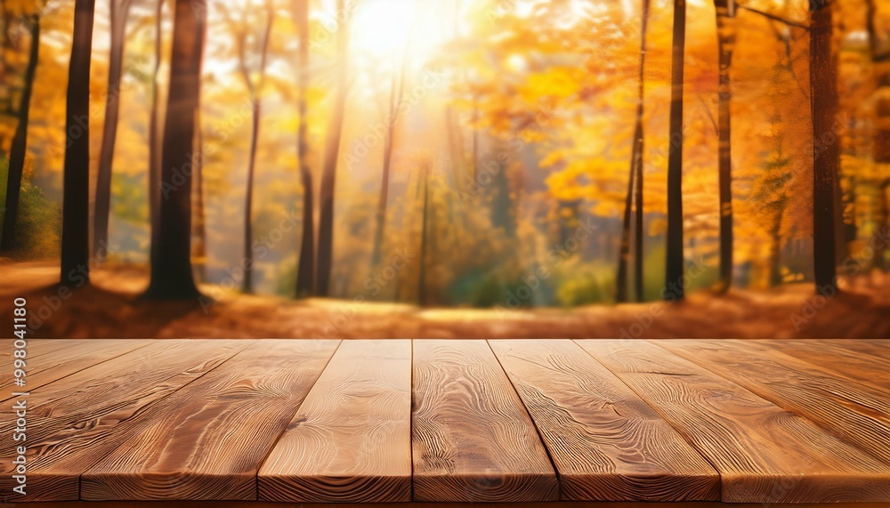 Wood countertop on autumn forest background for product presentation. Outdoor tabletop mockup for food or cosmetics design. wooden table in forest