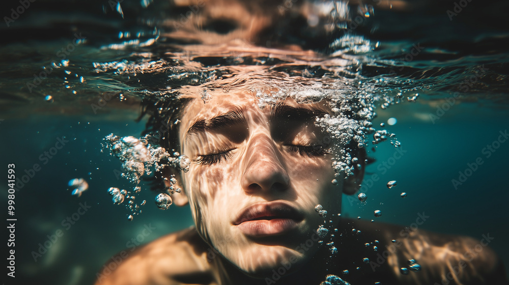 Person Underwater with Eyes Closed Holding Breath, Surrounded by Rising Bubbles in Crystal Clear Water, Creating a Focused and Serene Atmosphere Person Underwater with Eyes Closed Holding Breath, Surrounded by Rising Bubbles in Crystal Clear Water, Creating a Focused and Serene Atmosphere