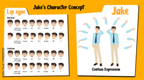 Confused male employee cartoon character AKA Jake, men wearing an office uniform. Confused face expressions and lip sync. Set of male cartoon with various hand gesture and front and 1/3 standing pose.