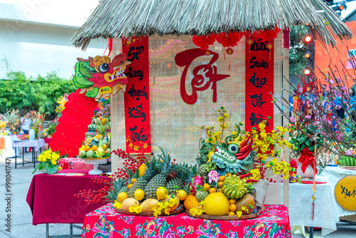 The five-fruit tray is displayed on the altar during the Lunar New Year at the Youth Cultural House. photo