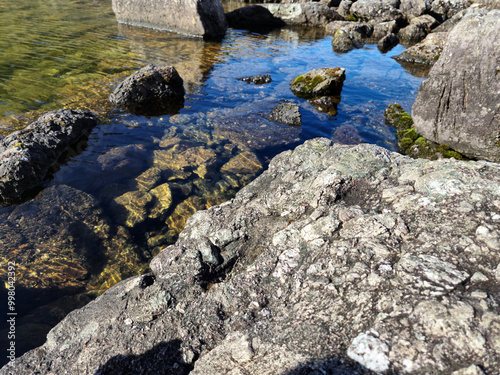 Mountain lake relaxation, pure waterscape natural background. Laying somewhere in the mountains