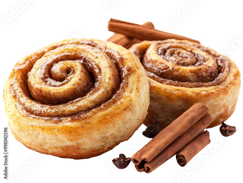 Freshly baked cinnamon rolls with a golden crust, topped with a rich, glossy glaze and surrounded by cinnamon sticks, white background.