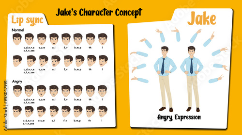 Angry male employee cartoon character AKA Jake, men wearing an office uniform. Angry face expressions and lip sync. Set of male cartoon with various hand gesture and front and 1/3 standing pose.