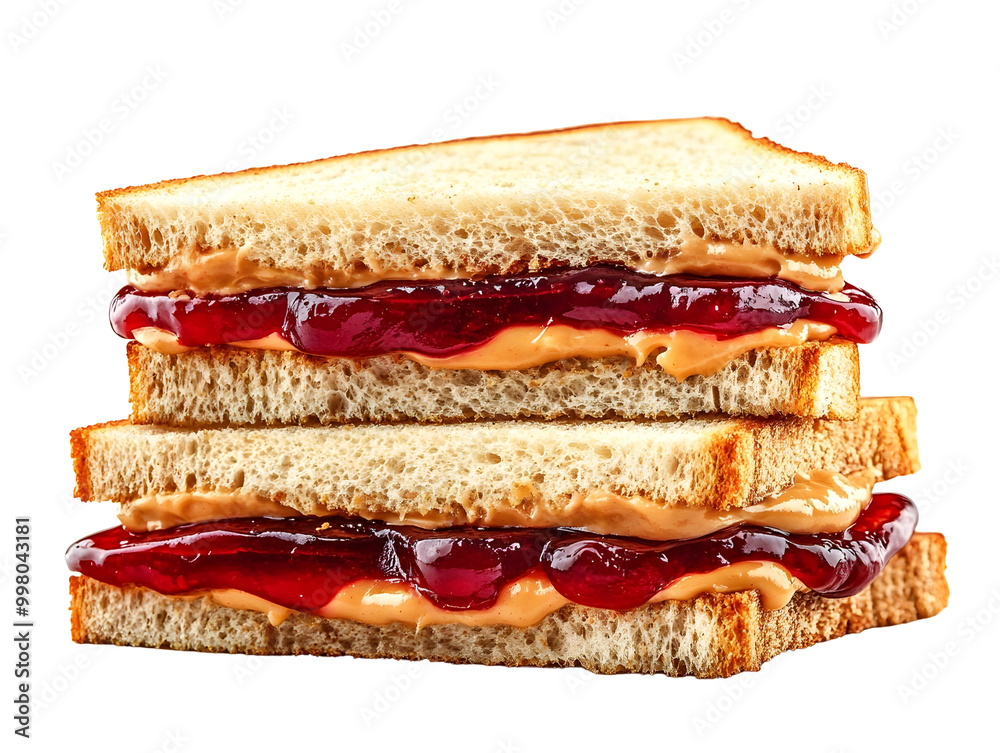 Delicious peanut butter and jelly sandwich stacked on white bread, isolated on white background. Delicious peanut butter and jelly sandwich stacked on white bread, isolated on white background.