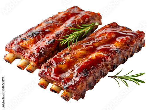 Delicious barbecue ribs glazed with sauce and garnished with fresh herbs, perfect for any mealtime or barbecue gathering.