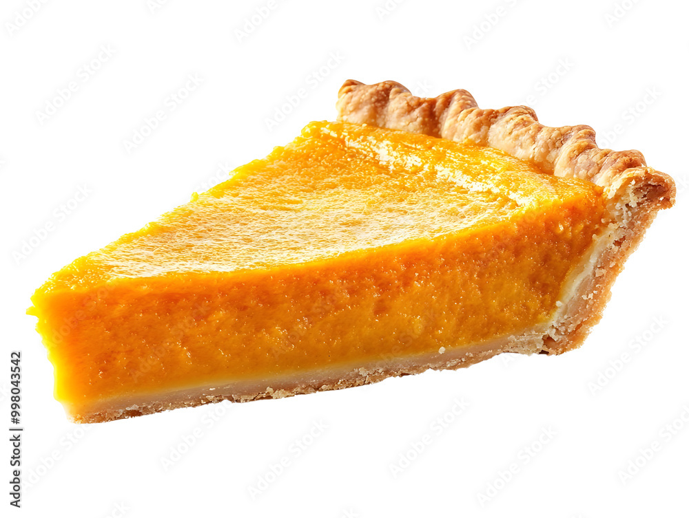 Delicious slice of pumpkin pie with golden filling and flaky crust on white isolated background. Delicious slice of pumpkin pie with golden filling and flaky crust on white isolated background.