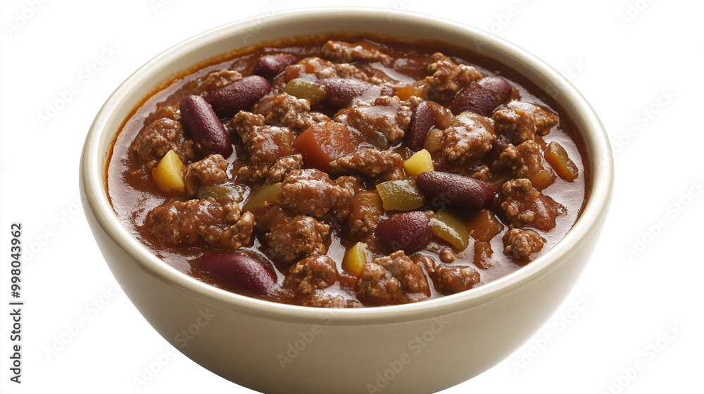 Hearty chili with ground meat and beans served in a white bowl against a plain background Hearty chili with ground meat and beans served in a white bowl against a plain background