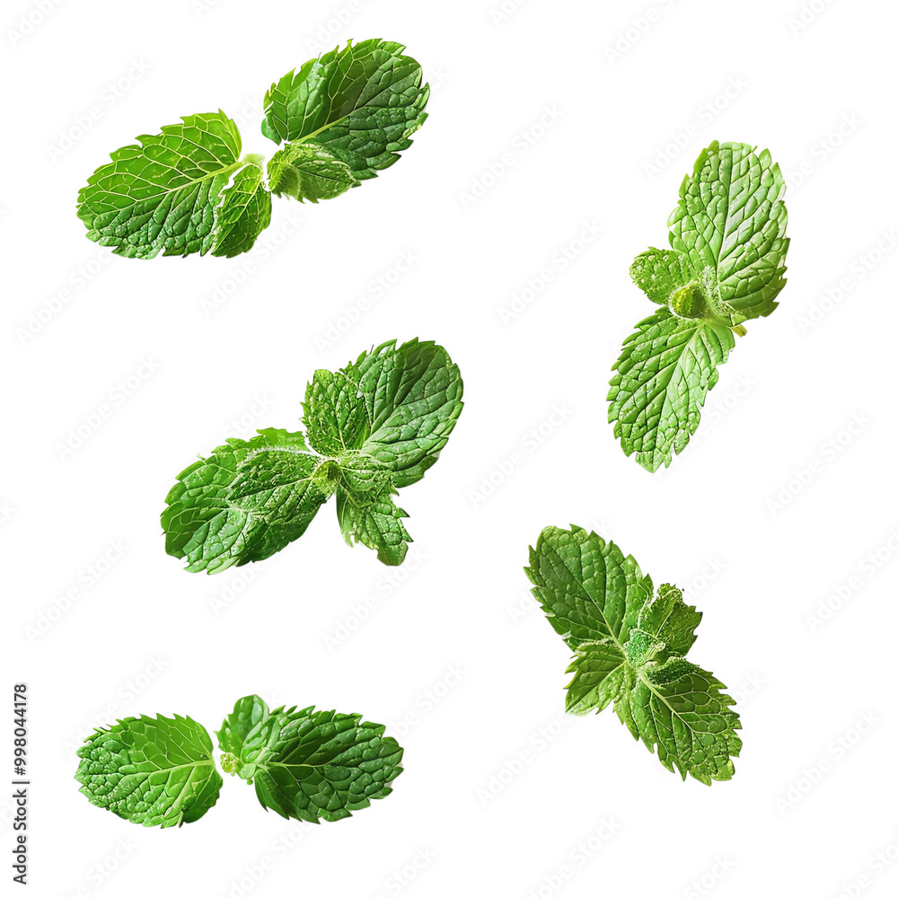 Fresh mint leaves, green lush foliage, white isolate background Fresh mint leaves, green lush foliage, white isolate background