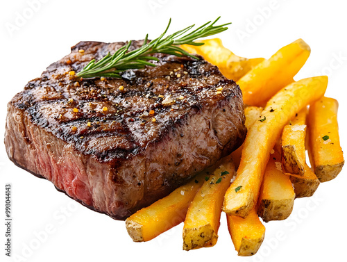 Wallpaper Mural Delicious grilled steak served with crispy golden fries, garnished with fresh rosemary. Torontodigital.ca