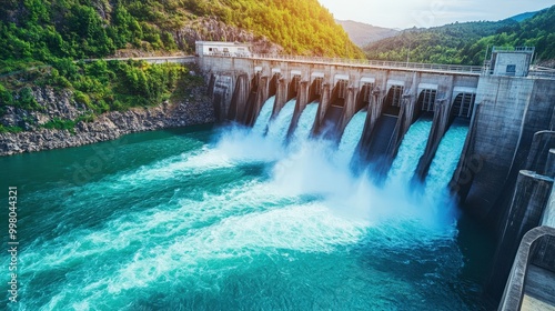 A large body of water with a dam and a waterfall