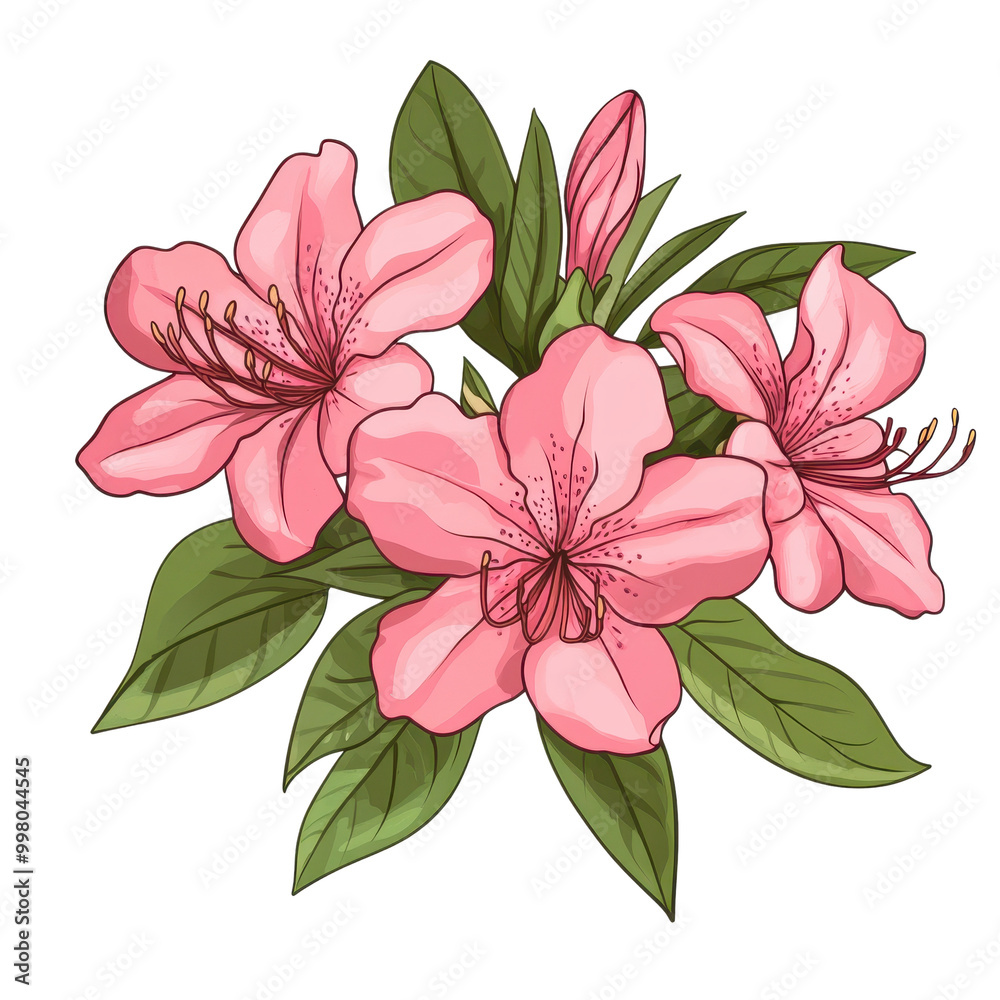 Beautiful pink flowers with green leaves on a white isolated background. Beautiful pink flowers with green leaves on a white isolated background.