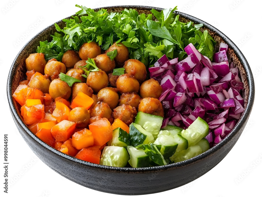 A vibrant bowl of fresh salad with chickpeas, vegetables, and herbs on a white background. A vibrant bowl of fresh salad with chickpeas, vegetables, and herbs on a white background.
