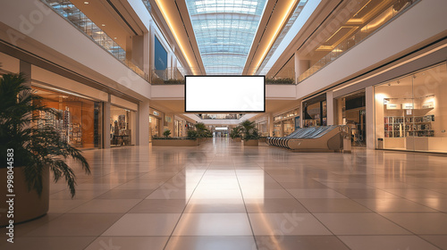  mockup of blank banner in empty modern shopping mall